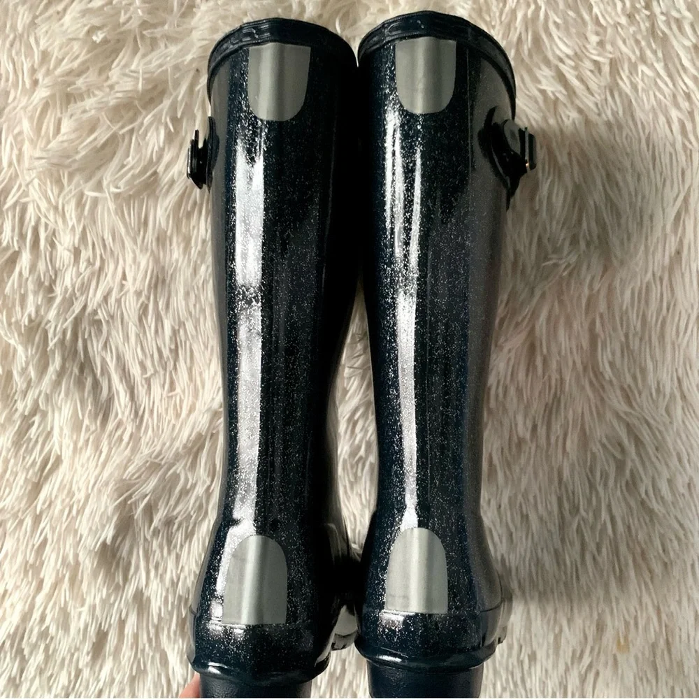 Hunter Navy Blue w Silver Sparkly Glitter Tall Rain Boots EUC